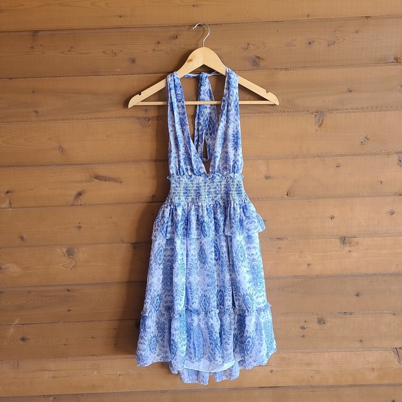 Anthropologie Saylor Blue Holly Dress Halter Criss Cross Back Smocked Large Boho - Picture 2 of 6